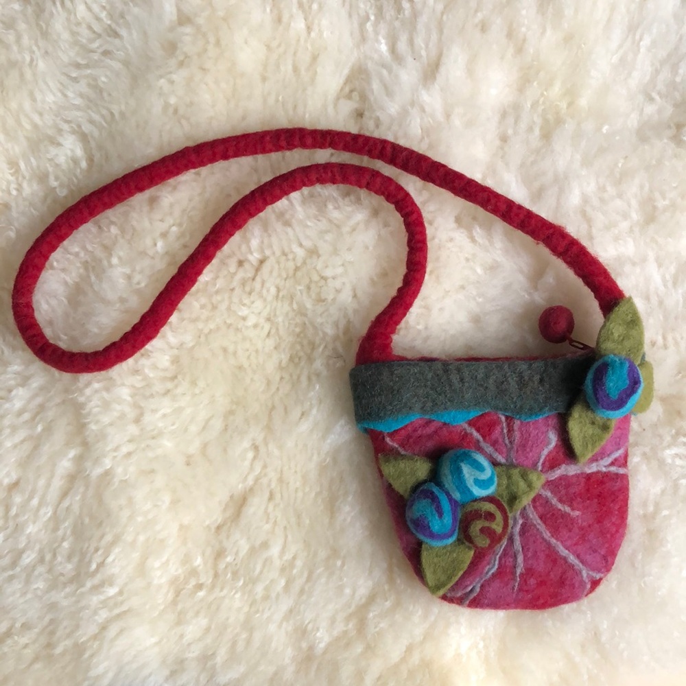 Handmade in Nepal 100% Felted Wool Flower Pouch Purse with Zipper